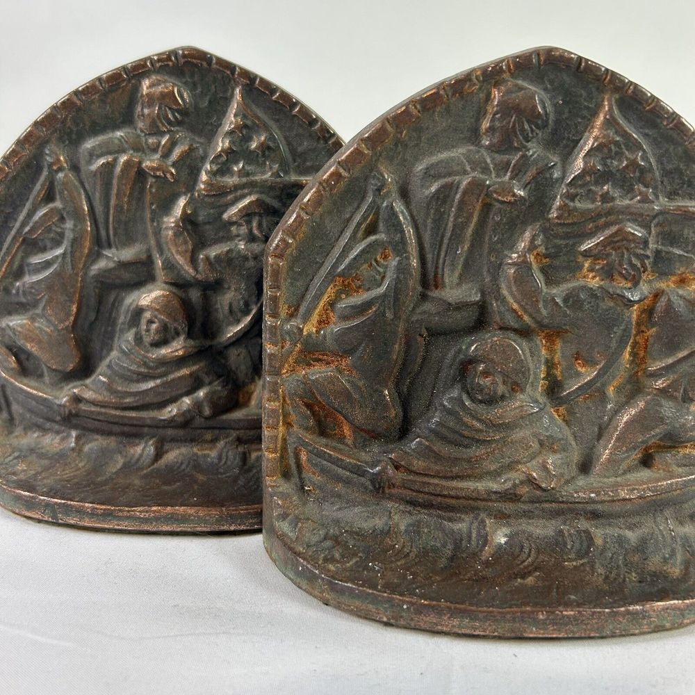 Vintage Cast Iron‎ Bookends of Washington Crossing The Delaware CT Mark Patina